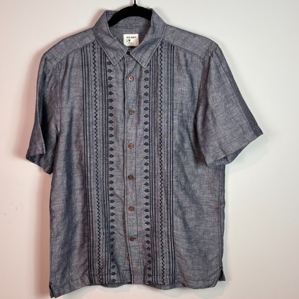 Old Navy Mens Y2K Linen Cotton Blend Short Sleeve Embroidered Shirt MED Grunge